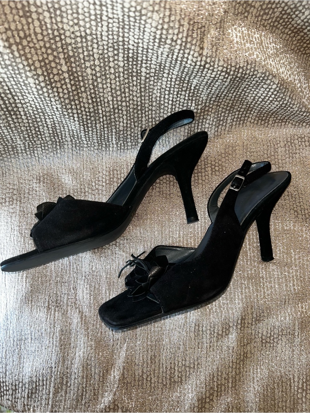 Apostrophe Black Slingback leather suede Heels with Floral Accent 7-1/2